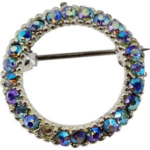 Blue Aurora Borealis Rhinestone Silver Tone Small Round Brooch Pin .75" Stunning